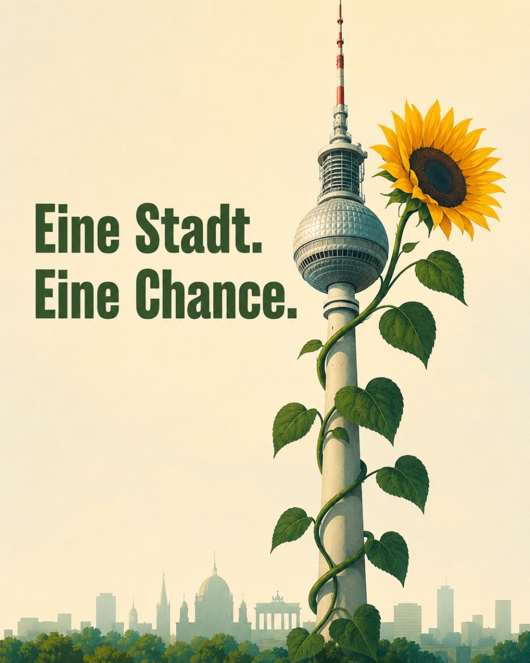 Illustration des Berliner Fernsehturms, um den sich eine Sonnenblumenpflanze mit grünen Blättern rankt, im Hintergrund die Silhouette Berlins mit Brandenburger Tor. Links steht in dunkelgrüner Schrift der Slogan „Eine Stadt. Eine Chance."