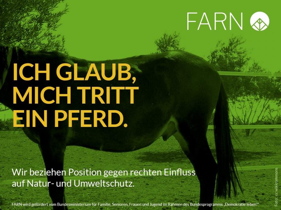 Grün eingefärbtes Plakat von FARN mit der Silhouette eines Pferdes auf einer Weide und dem gelben Schriftzug „Ich glaub, mich tritt ein Pferd.“ sowie dem Untertitel „Wir beziehen Position gegen rechten Einfluss auf Natur- und Umweltschutz.“