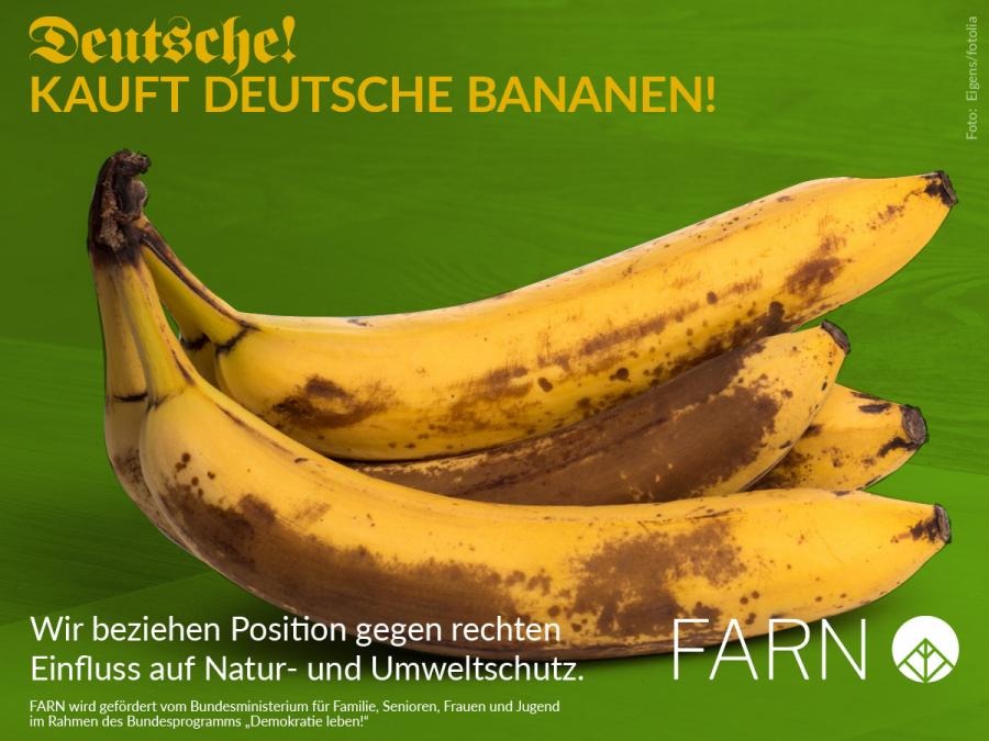 Eine satirische Plakatgrafik mit grünem Hintergrund zeigt reife, fleckige Bananen und trägt in gelber Schrift den Spruch „Deutsche! Kauft deutsche Bananen!“ sowie darunter den Hinweis „Wir beziehen Position gegen rechten Einfluss auf Natur- und Umweltschutz“ mit dem Logo von FARN.