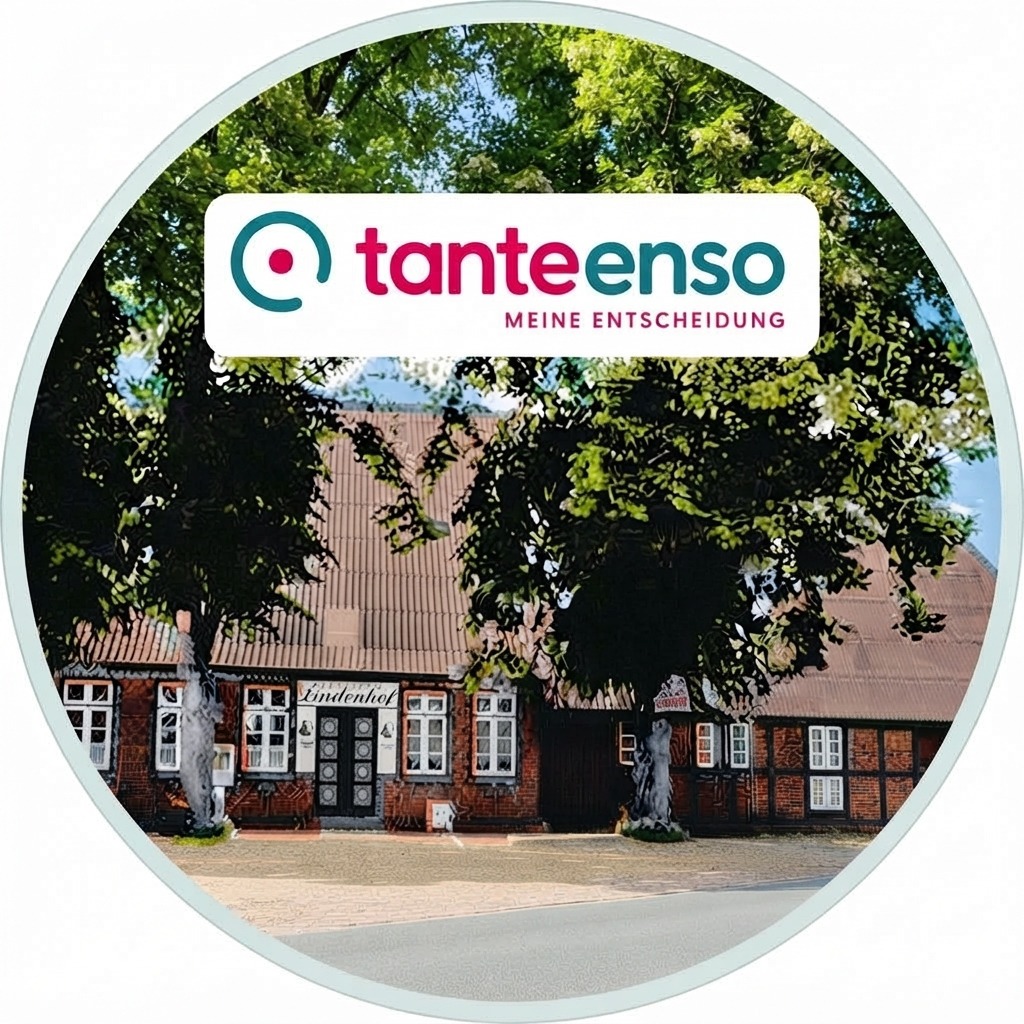 Rundes Bild eines historischen Fachwerkhauses mit der Aufschrift "Lindenhof", umgeben von großen grünen Bäumen. Oben im Bild befindet sich das Logo von "tante enso" mit dem Slogan "Meine Entscheidung".