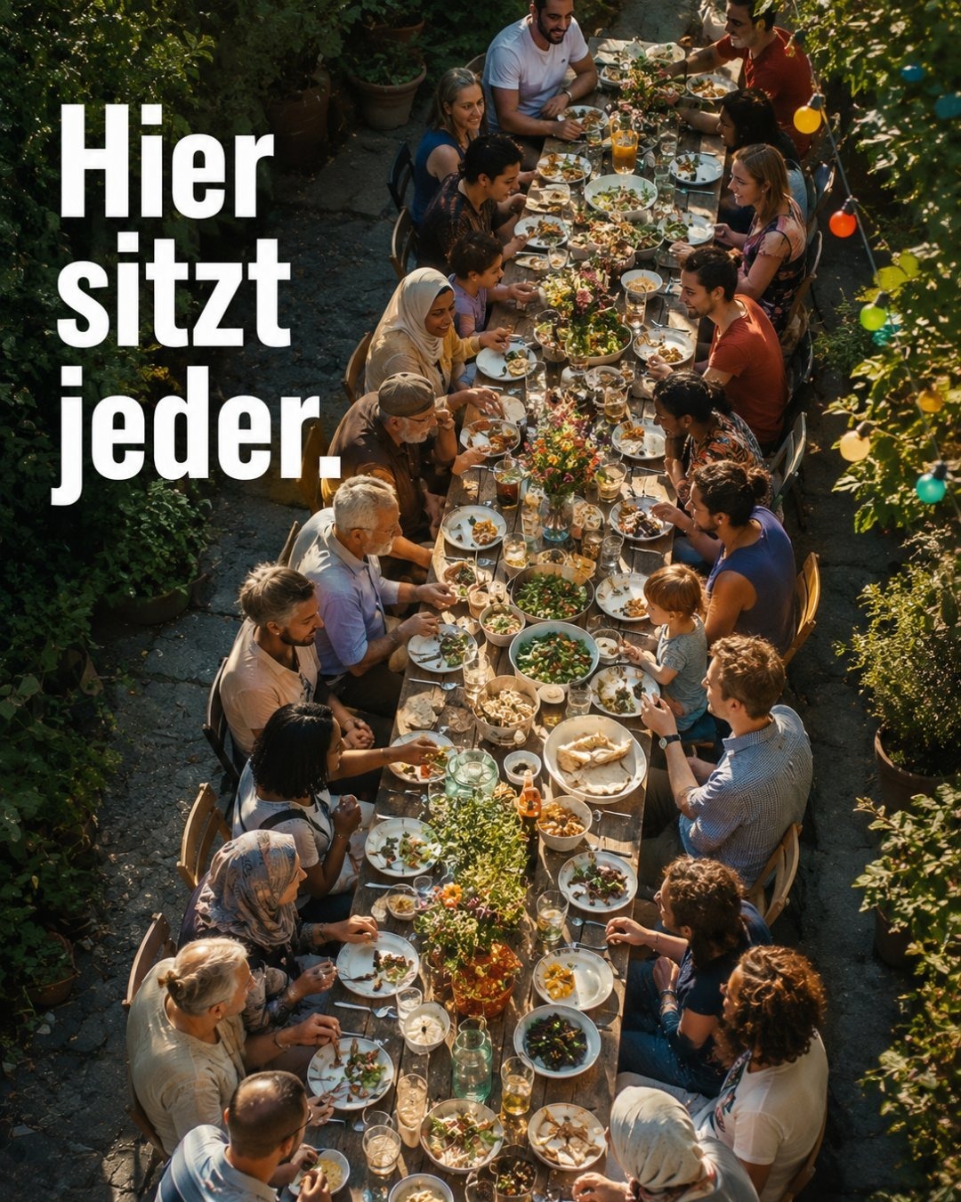 Vogelperspektive auf eine vielfältige Gruppe von Menschen unterschiedlichen Alters und Herkunft, die gemeinsam an einer langen Holztafel in einem Garten essen, dekoriert mit bunten Lichterketten. Links steht in großer weißer Schrift der Text „Hier sitzt jeder."