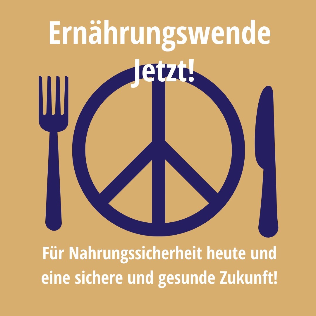 Grafik auf sandfarbenem Hintergrund mit einem dunkelblauen Peace-Zeichen als Teller, flankiert von Gabel und Messer. Darüber steht in weißer Schrift „Ernährungswende Jetzt!" und darunter „Für Nahrungssicherheit heute und eine sichere und gesunde Zukunft!".